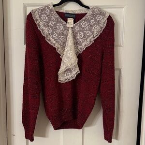 Vintage Herman Geist Elegant Red Sweater with Lace Collar